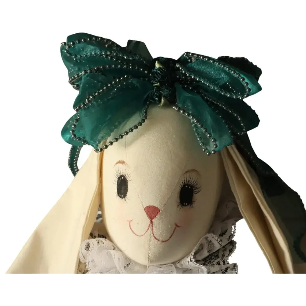 Vintage 80s 90 Handmade Bunny Rabbit Doll Green Velvet Dress Lace Cottagecore